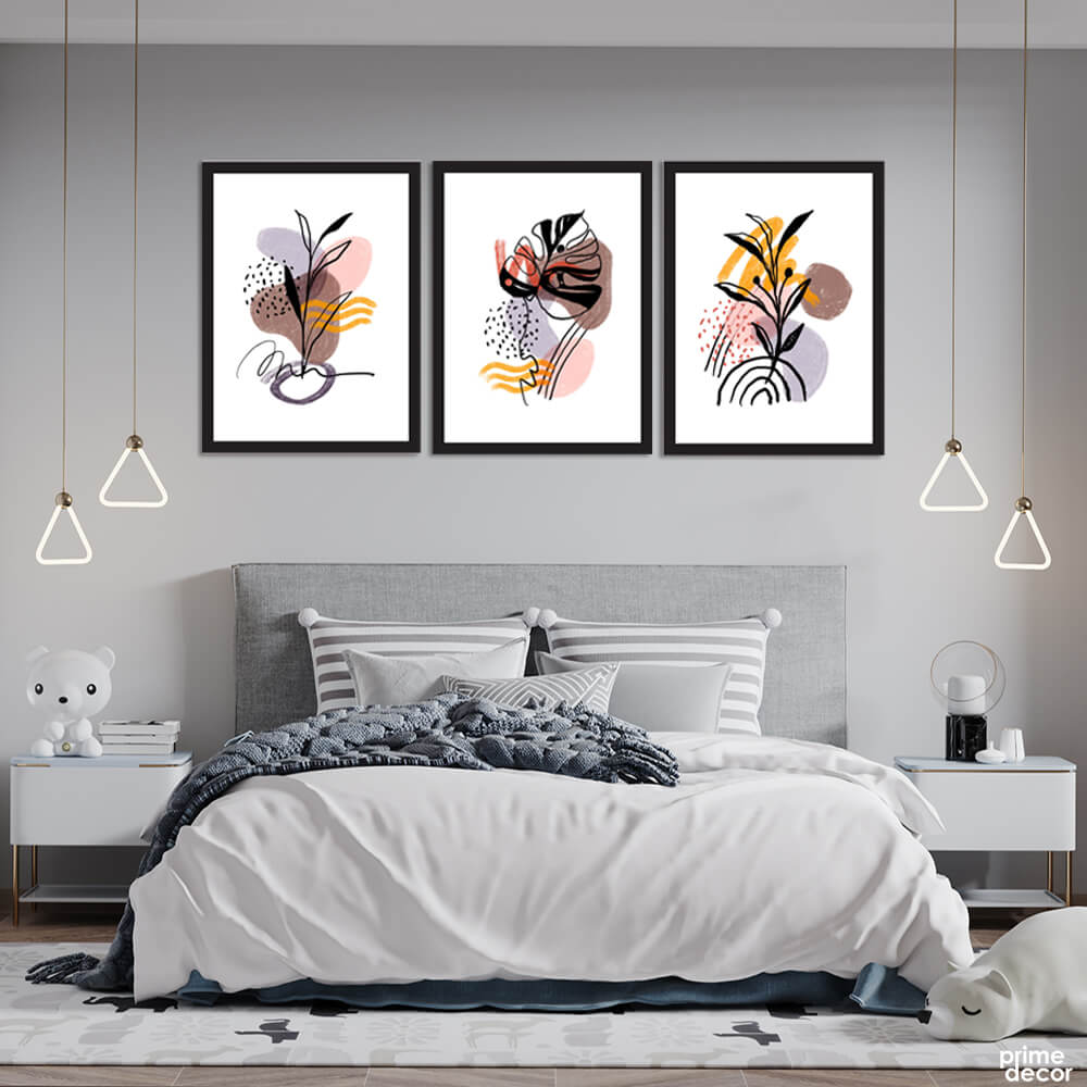 Leaves & Petal Line Art (3 Panel) Digital Wall Art - Prime Décor
