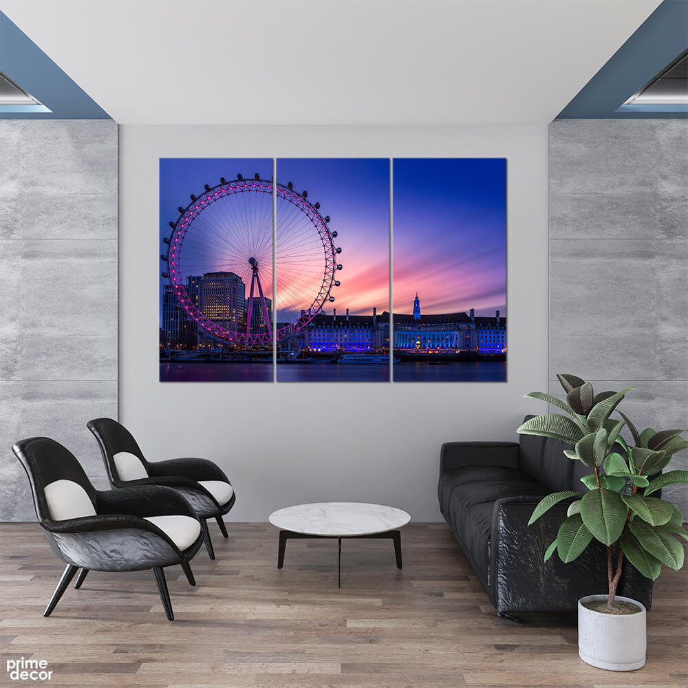 London Eye at Night Pruple Sky (3 Panel) Travel Wall Art On Sale - Prime Décor
