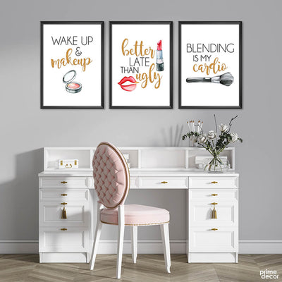 Makeup Quotes Golden Typography (3 Panel) Fashion Wall Art - Prime Décor