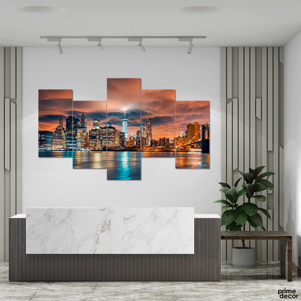 Manhattan Skyline Night View New York City (5 Panel) Architecture Wall Art - Prime Décor