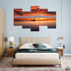 Man in Boat Under Blood Red Sunset (5 Panel) Landscape Wall Art - Prime Décor