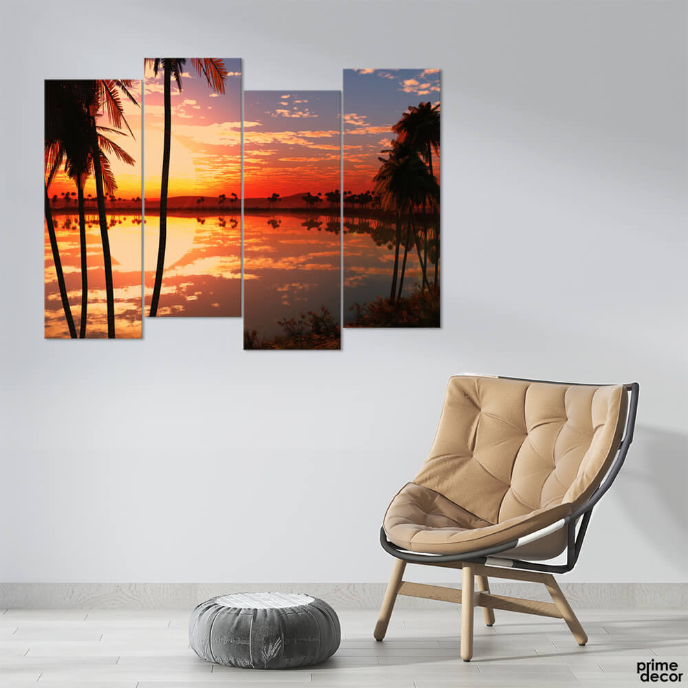 Marvelous Sunset Reflection in the Lake (4 Panel) Nature Wall Art - Prime Décor