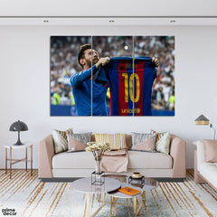 Messi Holding his No 10 Shirt (3 Panel) Sports Wall Art - Prime Décor