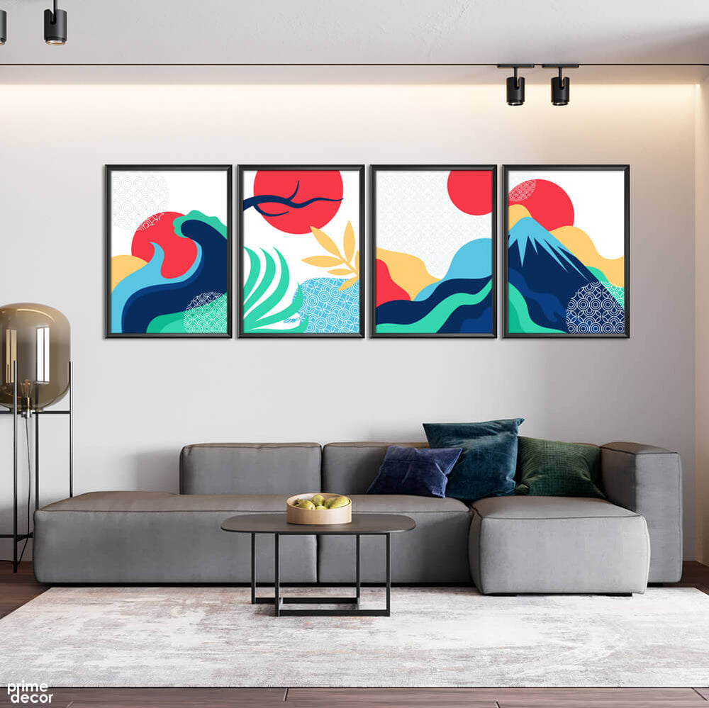 Minimal Red Moon Over the Waves (4 Panel) Digital Wall Art - Prime Décor