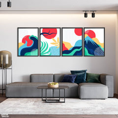Minimal Red Moon Over the Waves (4 Panel) Digital Wall Art - Prime Décor