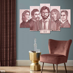 Money Heist Characters Line Art (5 Panel) Movie Wall Art - Prime Décor