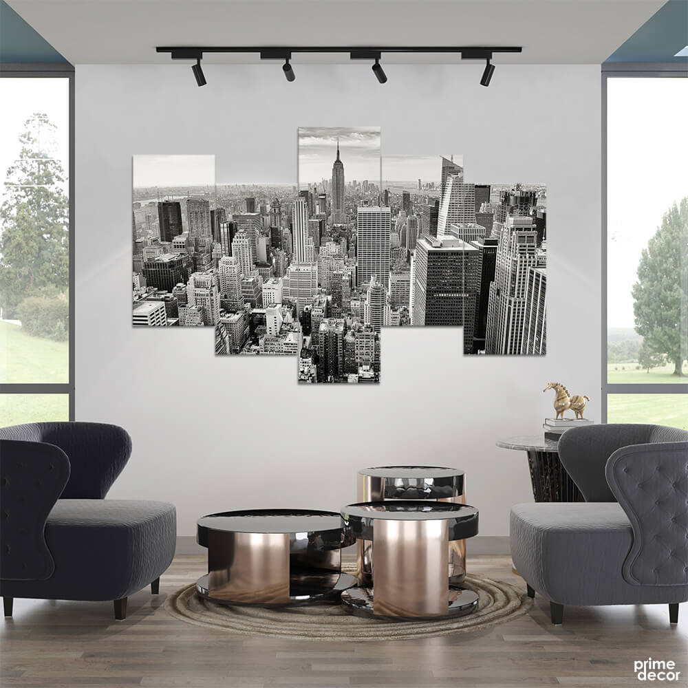 New York City Aerial View B&W (5 Panel) Landscape Wall Art - Prime Décor