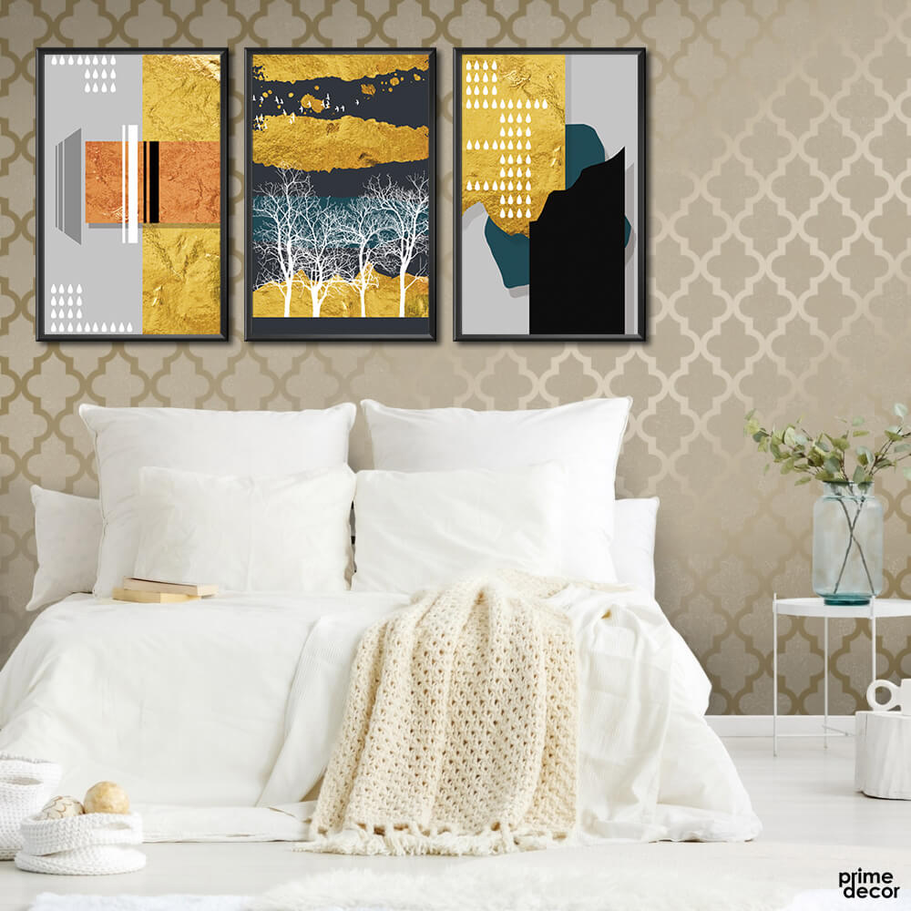 Nordic Abstract Gold Foil Tree Drops (3 Panel) Nordic Wall Art - Prime Décor