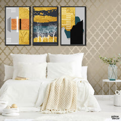 Nordic Abstract Gold Foil Tree Drops (3 Panel) Nordic Wall Art - Prime Décor