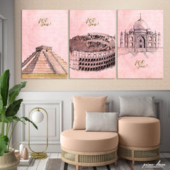 Nordic Line Famous Building Pink (3 Panel) Nordic Wall Art - Prime Décor