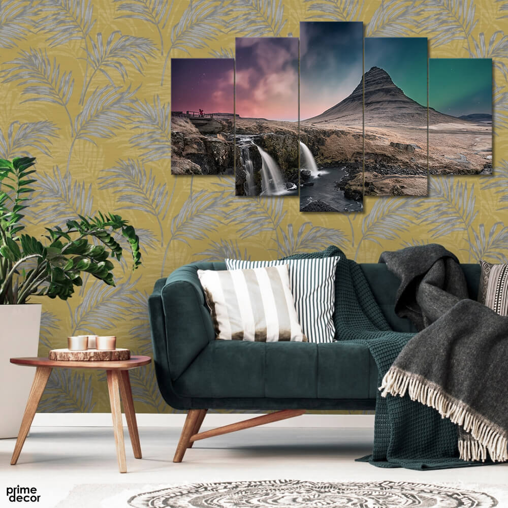 Northern Lights Aurora Borealis Waterfall (5 Panel) Landscape Wall Art - Prime Décor