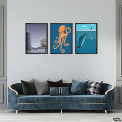 Octopus And Submarine Digital Art Design (3 Panel) Abstract Wall Art - Prime Décor