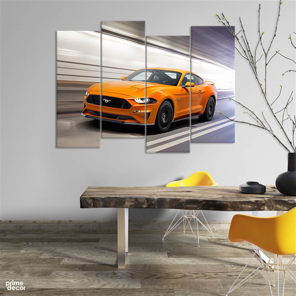 Orange Ford Mustang V6 (4 Panel) Cars Wall Art - Prime Décor