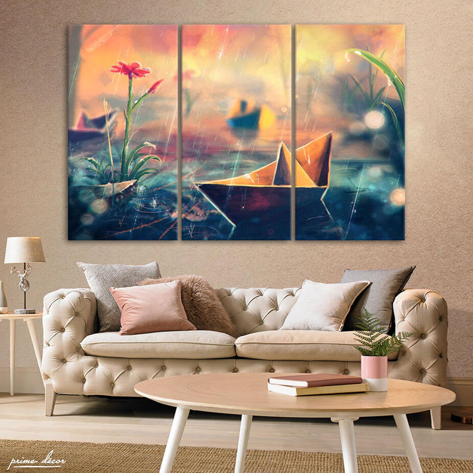 Paper Boat In Rain (3 Panel) Nature Wall Art - Prime Décor