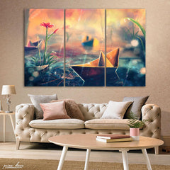 Paper Boat In Rain (3 Panel) Nature Wall Art - Prime Décor