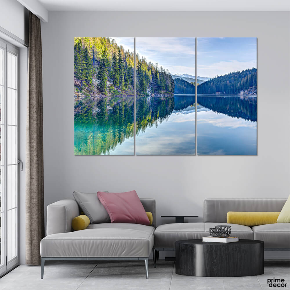 Pine Forest Besides the Lake (3 Panel) Landscape Wall Art Prime D??cor