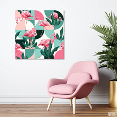 Pink Flamingo on Geometric Background (Single Panel) Tropical Square Wall Art - Prime Décor