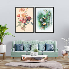 Pink Flower Green Sparrows Oil Paint (2 Panel) Digital Wall Art - Prime Décor