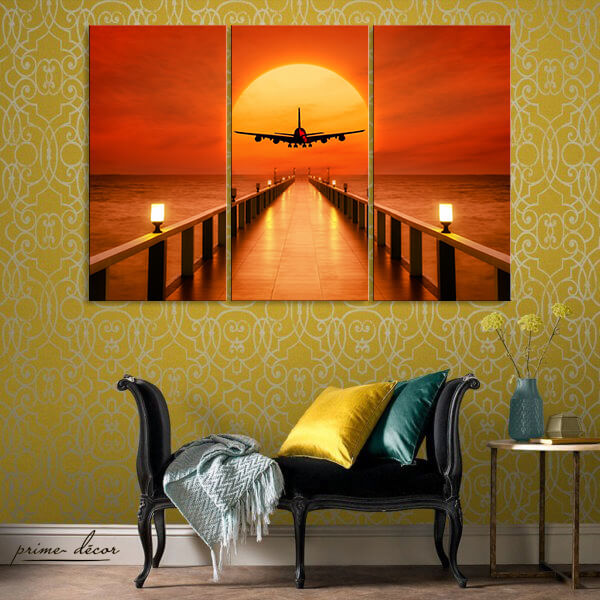 Plane At Sunset (3 Panel) Nature Wall Art - Prime Décor