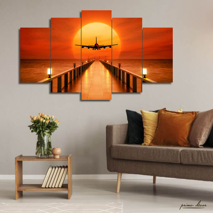 Plane At Sunset (5 Panel) Nature Wall Art - Prime Décor
