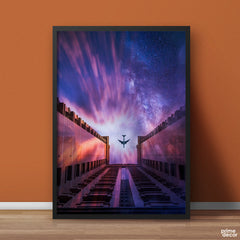 Plane Passing Through Buildings Milky Way Background | Travel Poster Wall Art - Prime Décor