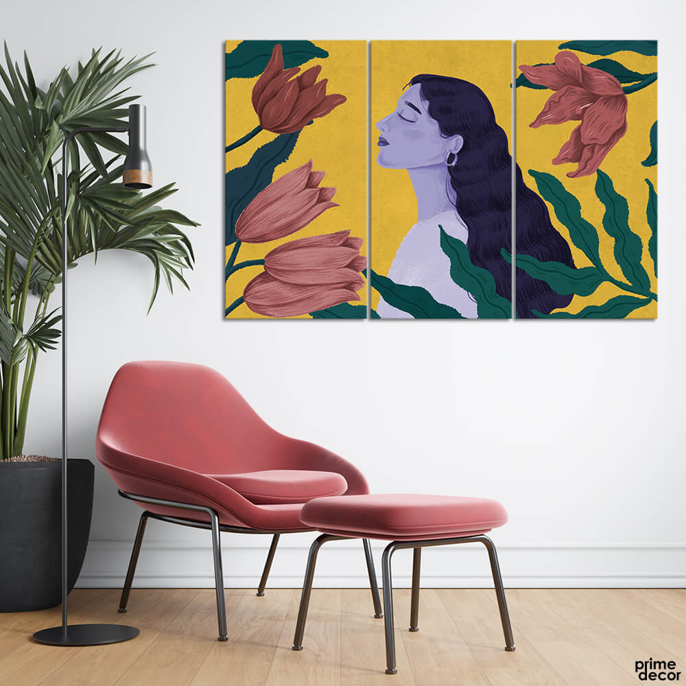 Pretty Girl & Flowers (3 Panel) Digital Wall Art - Prime Décor