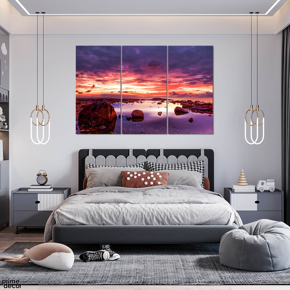 Purple Clouds Over Rocky Lake (3 Panel) Landscape Wall Art - Prime Décor