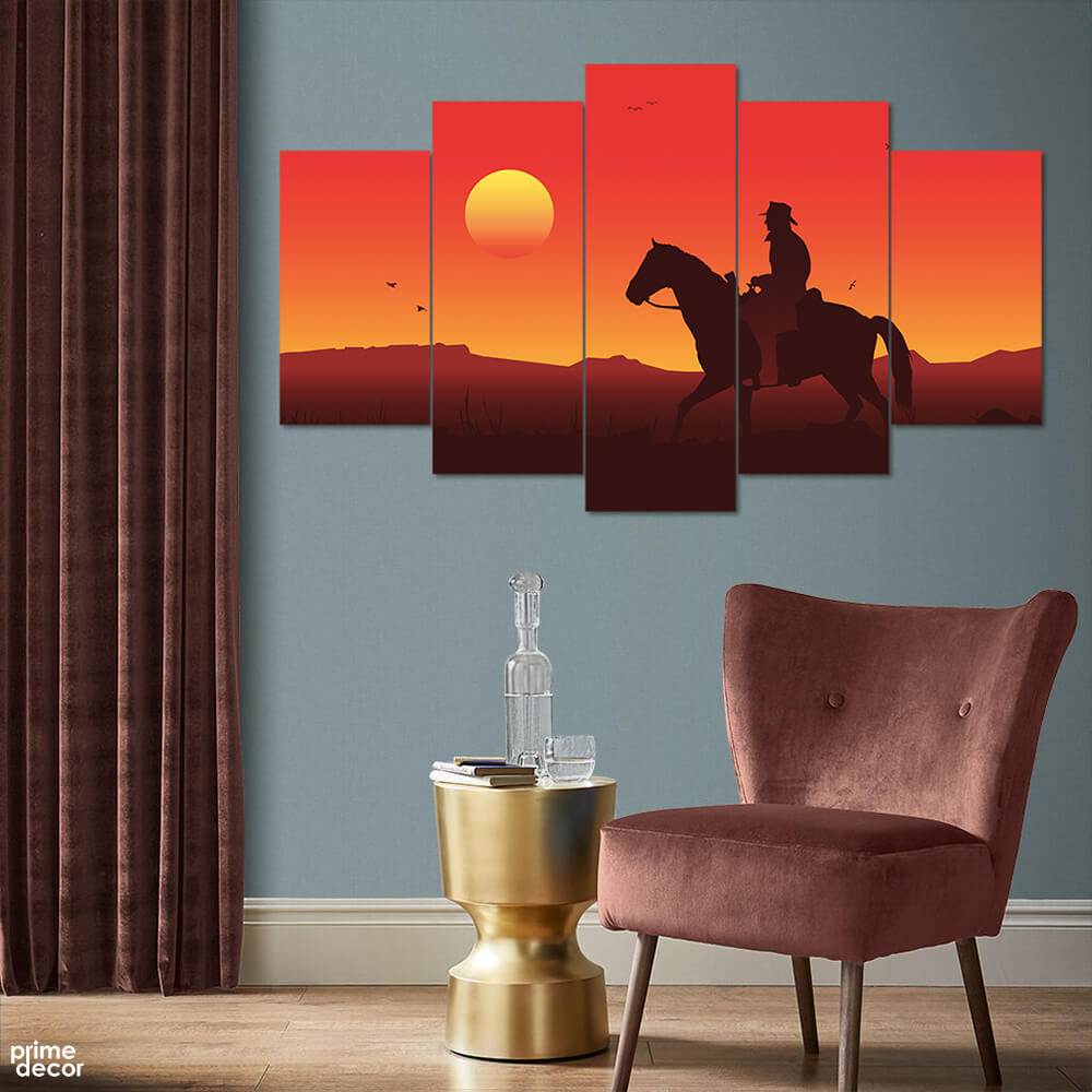 RDR Cowboy at Sunset Silhouette (5 Panel) Nature Wall Art– Prime Décor