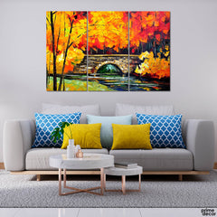 Red Autumn Trees over Bridge Oil Painting (3 Panel) Digital Wall Art - Prime Décor