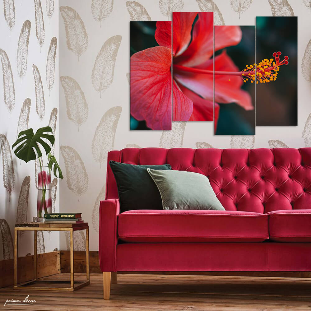 Red Hibiscus Seeds Macro (4 Panel) Floral Wall Art - Prime Décor