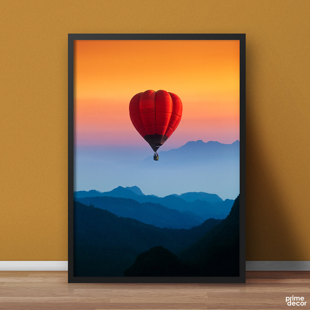 Red Hot Air Balloon In Mountains | Nature Poster Wall Art - Prime Décor