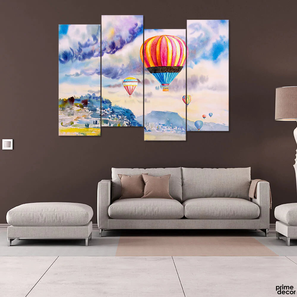 Red Hot Air Balloon Oil Paint (4 Panel) Landscape Wall Art - Prime Décor