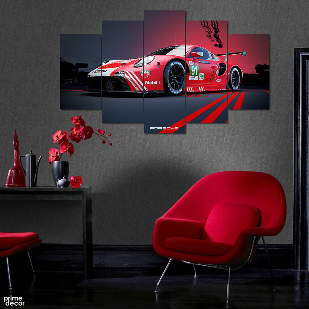 Red Porsche GTE Track Racing (5 Panel) Cars Wall Art - Prime Décor
