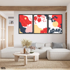 Red & Blue Petals Japanese Style Art (3 Panel) Digital Wall Art - Prime Décor