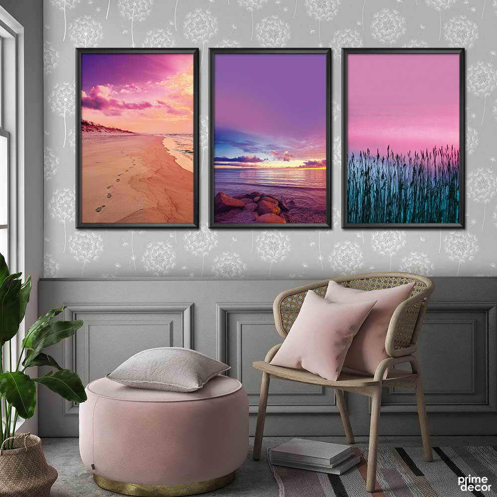 Romantic Pink Beach Scenery (3 Panel) Nordic Wall Art - Prime Décor