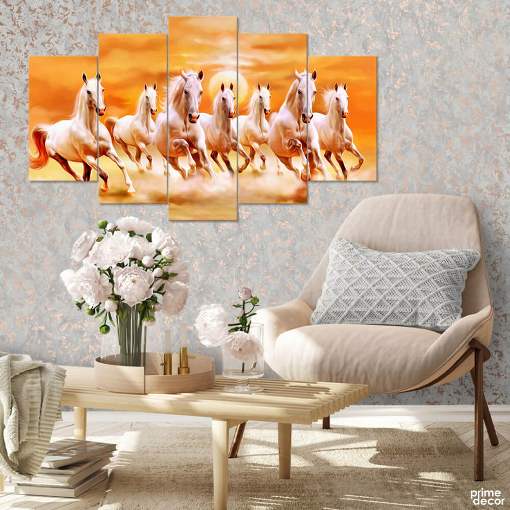 Seven White Horses Running (5 Panel) Animal Wall Art - Prime Décor