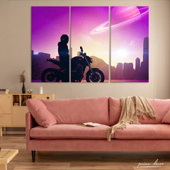 Sitting On Bike Futuristic City (3 Panel) Bike Wall Art - Prime Décor