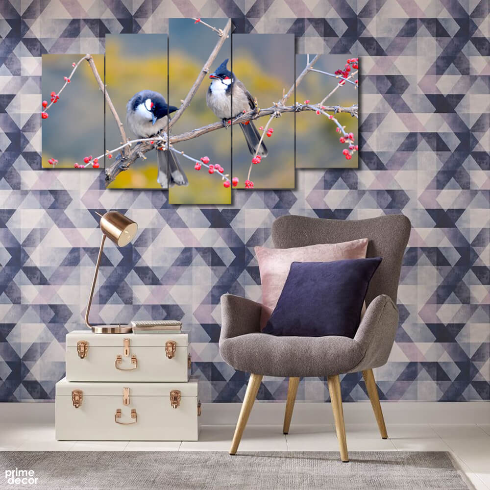 Snow Birds Resting on Cherry Trees (5 Panel) Nature Wall Art - Prime Décor