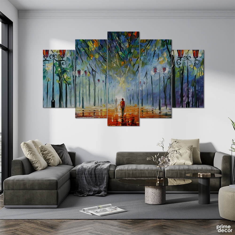 Street Lamps Oil Painting (5 Panel) Digital Wall Art - Prime Décor