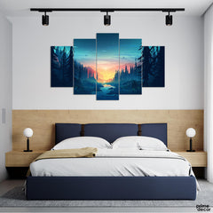 Stunning Sunset In Pine Forest Digital Art (5 Panel) Landscape Wall Art - Prime Décor