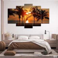 Sun Setting in the Palm Trees (5 Panel) Landscape Wall Art - Prime Décor