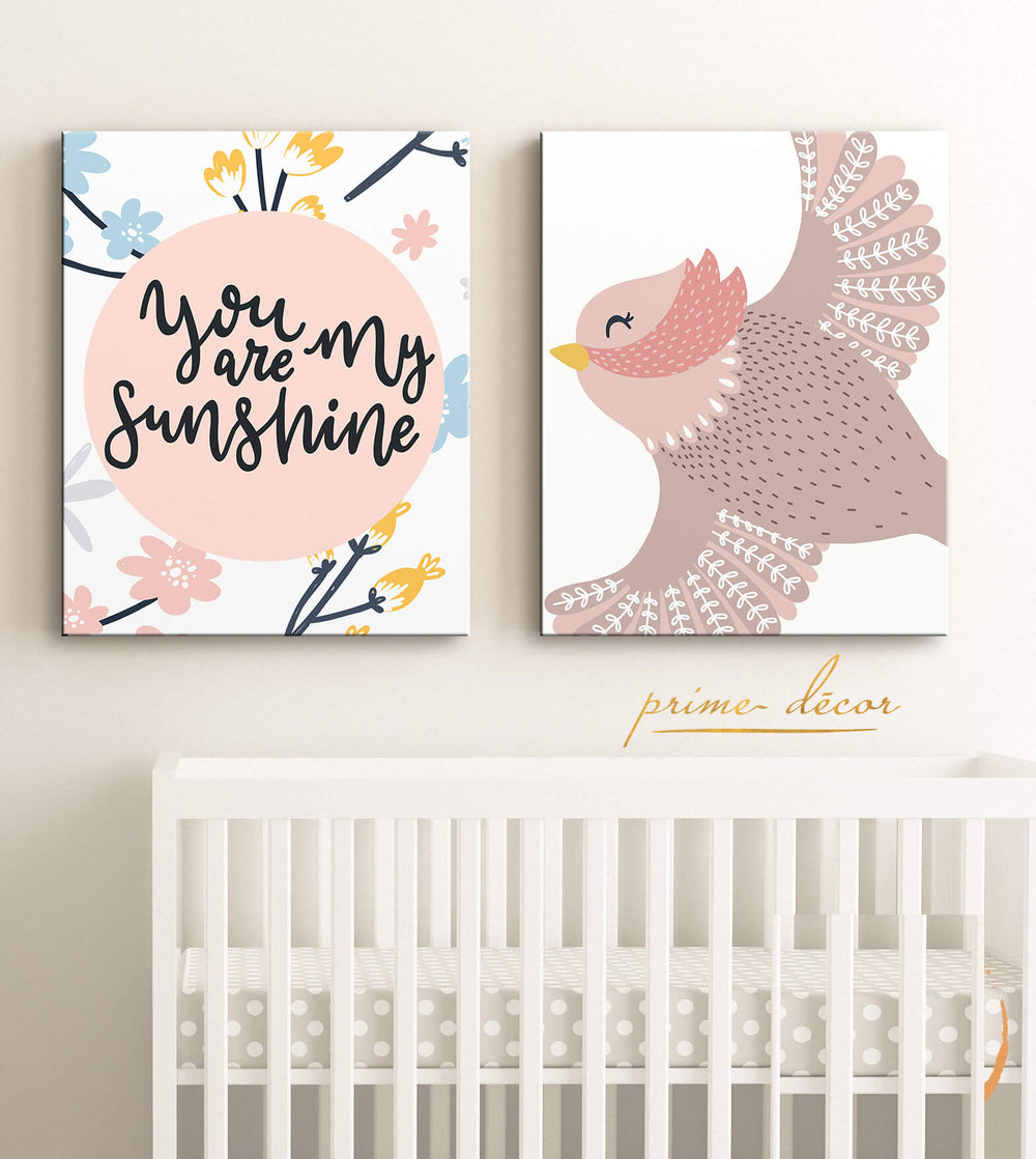 Sunshine Pink Bird (Set of 2) Nursery Poster Art - Prime Décor