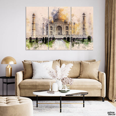 Taj Mahal Watercolor Art (3 Panel) Architecture Wall Art On Sale - Prime Décor