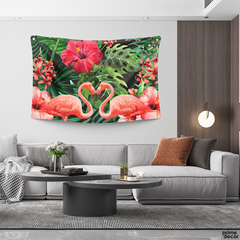Flamingos With Hibiscus Flower | Floral Tapestry