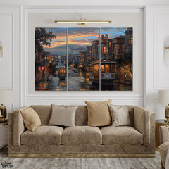 Trams in Rainy Night (3 Panel) Digital Painting Wall Art - Prime Décor