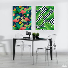 Tropical Flamingo Leaves With Squares (2 Panel) Floral Wall Art - Prime Décor