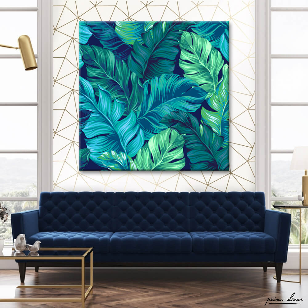 Turquoise Tropical Leaves (Single Panel) Square Wall Art - Prime Décor