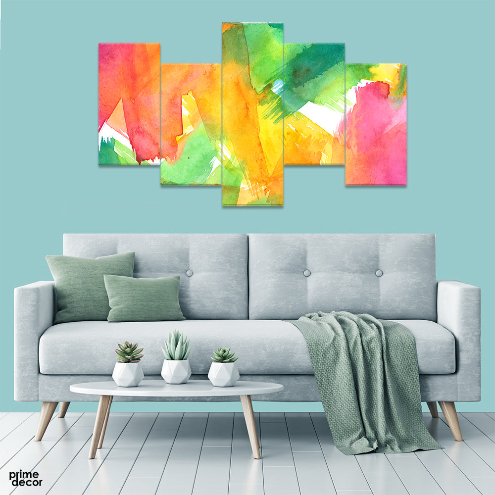 Pink & Yellow Watercolor Brush Strokes (5 Panel) Abstract Wall Art - Prime Décor