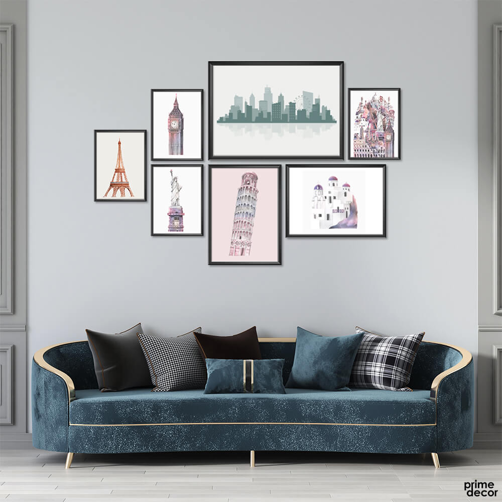 Water Color Iconic Monuments Wall Décor Setup (7 Panel) Architecture Wall Art - Prime Décor