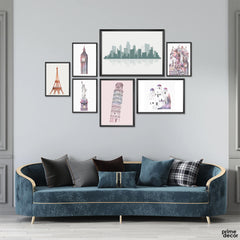 Water Color Iconic Monuments Wall Décor Setup (7 Panel) Architecture Wall Art - Prime Décor
